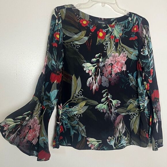 Karen Kane Floral Blouse Small Black Realistic Graphics Bell Sleeve Made in USA - Picture 1 of 9
